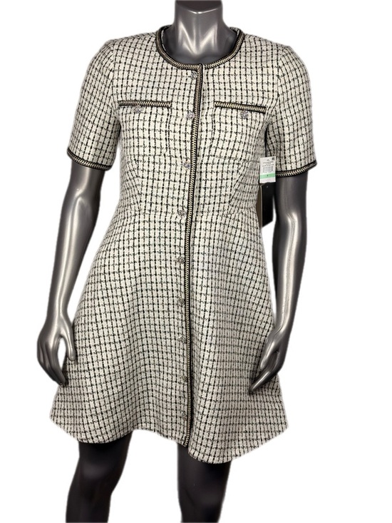 CeCe | Crew Neck Black & White Tweed Fit & Flare Dress Silver Button Down - Picture 2 of 15